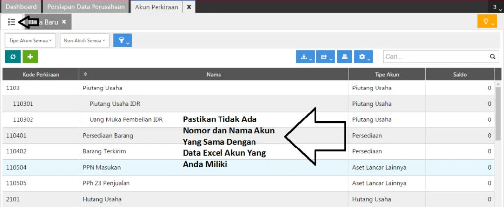 Memastikan Tidak ada Nomor yang sama saat Impor data akun