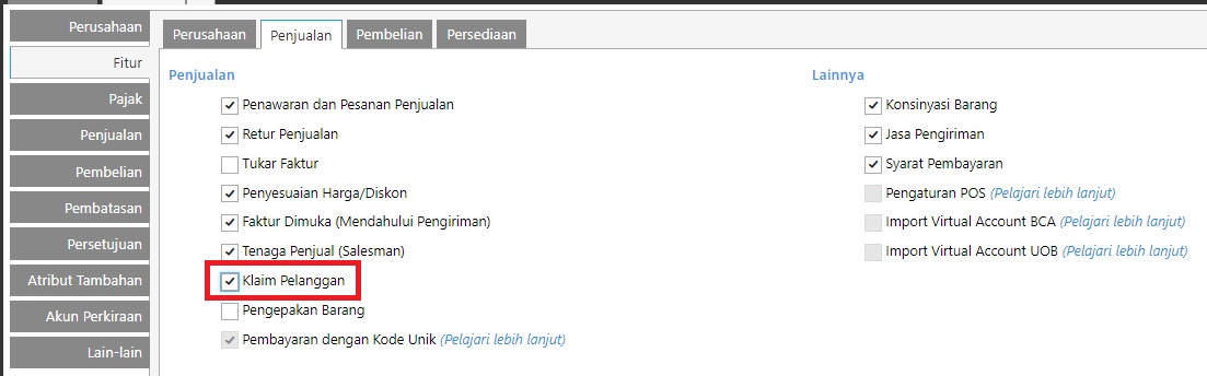 Pengaturan Preferensi Fitur Klaim Pelanggan